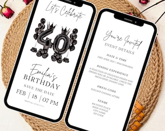 Digital 40th Birthday Invitation, 40th Birthday Party Invite, 40th Party Invitation, Adult Birthday Evite,40th Birthday Dinner,Mobile Invite