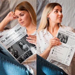 Puede incluir: Una invitaci&oacute;n de estilo peri&oacute;dico en blanco y negro para una fiesta de cumplea&ntilde;os n&uacute;mero 25. La invitaci&oacute;n presenta una foto de la cumplea&ntilde;era y el texto "A Journey Through the Years Amanda is Turning 25".