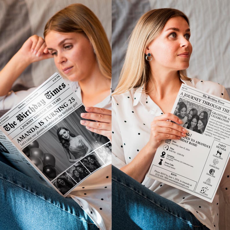 Puede incluir: Una invitaci&oacute;n de estilo peri&oacute;dico en blanco y negro para una fiesta de cumplea&ntilde;os n&uacute;mero 25. La invitaci&oacute;n presenta una foto de la cumplea&ntilde;era y el texto "A Journey Through the Years Amanda is Turning 25".