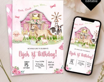 Invitación de cumpleaños de granja editable Invitación de cumpleaños de granja rosa Invitación de cumpleaños de animales de granja Invitación de fiesta de cumpleaños de corral Plantilla Canva