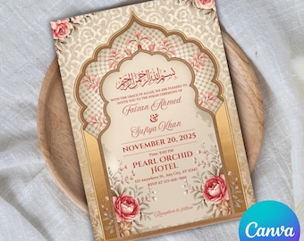 Plantilla de invitación de boda islámica, invitación de Nikkah, invitación de Valima, invitación de Shaadi, invitación de Baraat, invitación de boda musulmana