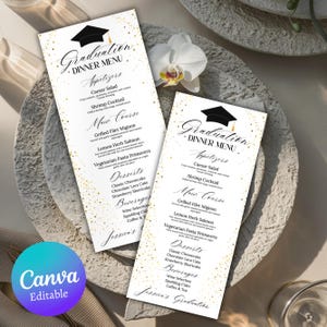 Menusjabloon afstudeerfeest, bewerkbaar afstudeermenu en drankkaart, menusjabloon evenement, afstudeerdinertafelmenu, Canva-sjabloon