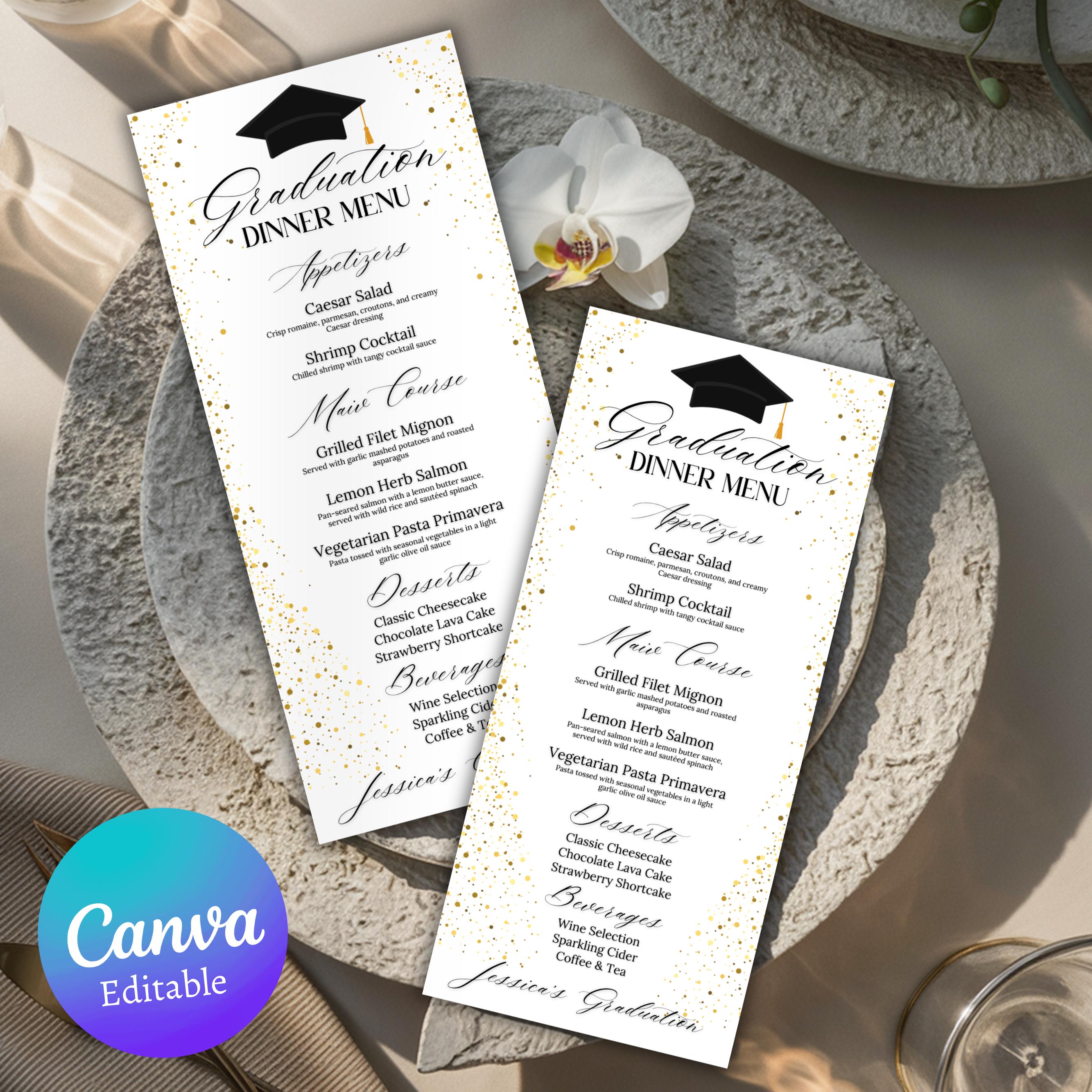 Graduation Party Menu Template, Editable Graduation Menu, and Drink Card, Event Menu Template, Graduation Dinner Table Menu, Canva Template