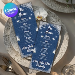 Denim And Diamonds Birthday Menu, Edytowalne Denim & Diamonds Birthday Party Menu, Wydrukowalne Karty Menu Kolacji, Szablon Canva Menu Urodzinowego