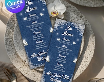 Denim And Diamonds Birthday Menu, Editable Denim & Diamonds Birthday Party Menu, Printable Dinner Menu Cards, Birthday Menu Canva Template