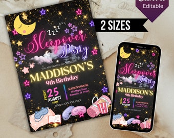 Sleepover Birthday Invitation, Printable Slumber Party Invite, Neon Sleepover Invite, Pajama party Canva Editable Template, Instant download