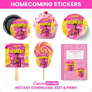 May include: A collection of pink and yellow Homecoming stickers, including a button, cupcake, round stickers, a lollipop, a composition book, and a hand-held sign. Each item features a photo of a woman in a pink dress and the text "We Vote For Amila Homecoming Queen."