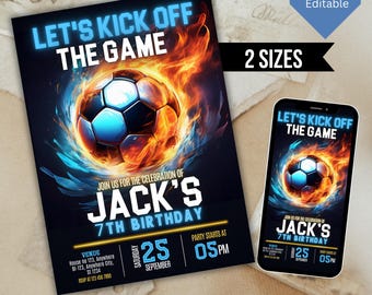 Editable Soccer Birthday Invitation, Printable Soccer Ball Invitation, Soccer Theme Party Canva Template Instant Download
