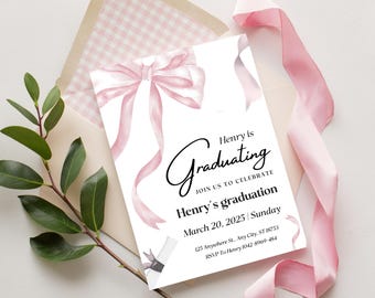 Pink Bow Graduation Photo Invitation, Bow Grad Invitation,Photo Grad Invite,Coquette Graduation,Grad Photo Card,Pink Bow Graduation Announce