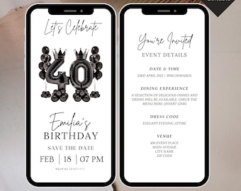 Digital 40th Birthday Invitation, 40th Birthday Party Invite, 40th Party Invitation, Adult Birthday Evite,40th Birthday Dinner,Mobile Invite