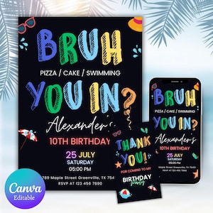 Editable Bruh Birthday Invitation Template Canva Printable Birthday Party Invite Boy Pool Party Invitation Summer Bday Theme InstantDownload