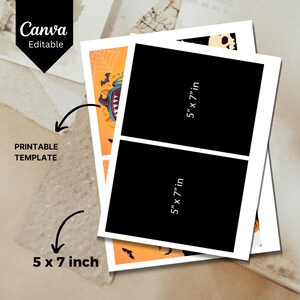 May include: Printable Halloween template with two 5x7 inch black rectangles for adding photos or text. The template features a cartoon monster with orange, purple, and blue colors on a background with bats and an orange and black spider web pattern.