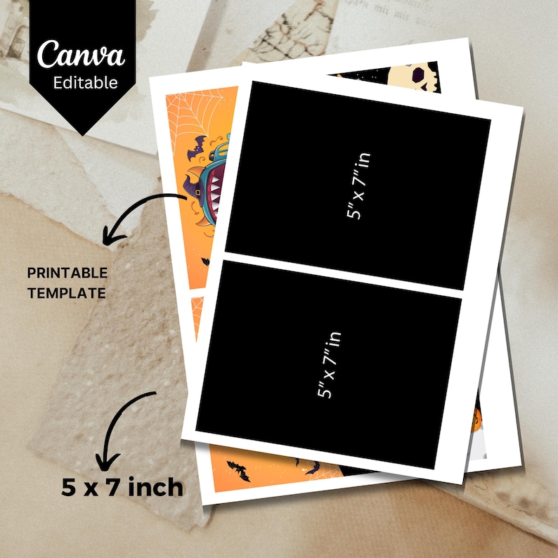 May include: Printable Halloween template with two 5x7 inch black rectangles for adding photos or text. The template features a cartoon monster with orange, purple, and blue colors on a background with bats and an orange and black spider web pattern.