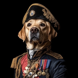 May include: A golden retriever dog wearing a black and gold military uniform with medals and a black tricorn hat. The dog is looking directly at the camera.