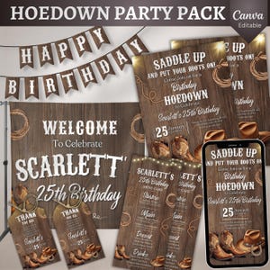 Hoedown Birthday Party Pack, Hoedown Birthday Party Decoration Bundle, Cowgirl Rodeo Invitation Bundle, Hoedown Birthday Party Favor Bundle