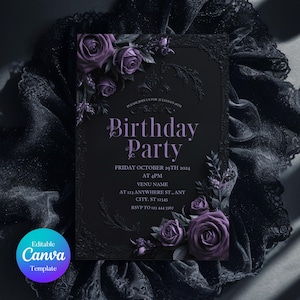 Schwarz & Lila Blumengeburtstag einladen, bearbeitbare Geburtstagseinladungsvorlage, Gothic Einladung, Geburtstagsfeier einladen, Canva Vorlage