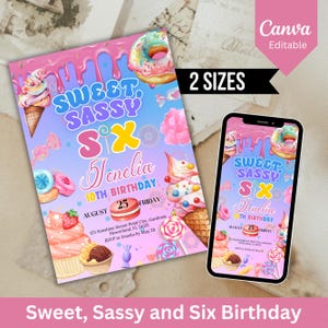 Sweet, Sassy and Six Birthday Invitation, Six Is So Sweet Birthday Invite, Candy Sweet Sassy 6th Birthday Girls Invite, Canva Template