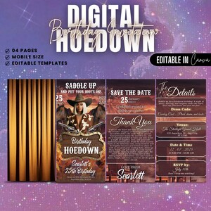Pu&ograve; includere: Un invito di compleanno digitale per una festa a tema rodeo. L'invito presenta una donna con un cappello da cowboy e un vestito, uno sfondo di tramonto e il testo "Saddle Up and Put Your Boots On!" e "Save the Date".