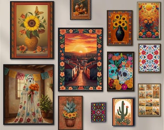 Mexican Heritage Wall Art Set of 37, Día De Los Muertos Digital, Mexican Art Gallery Prints Cactus Plant Wall Art, Sunflower Mexican Poster