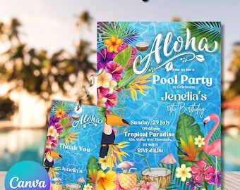 Pode incluir: Convite para uma festa de piscina Aloha com tema tropical. O convite apresenta um tucano, um flamingo, um abacaxi e folhas de palmeira em um fundo azul com um padrão de água da piscina. O texto do convite diz "Aloha Pool Party to Celebrate Jenelia's 10th Birthday".