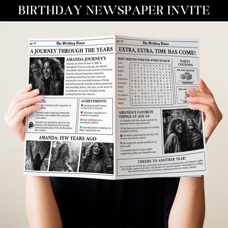 Puede incluir: Una invitaci&oacute;n de cumplea&ntilde;os de estilo peri&oacute;dico en blanco y negro para una mujer llamada Amanda. La portada presenta una foto de Amanda y un titular que dice "Un viaje a trav&eacute;s de los a&ntilde;os". Las p&aacute;ginas interiores incluyen un crucigrama, una lista de las cosas favoritas de Amanda y algunas fotos de Amanda de diferentes etapas de su vida.