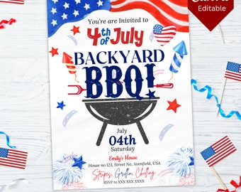 Invitation barbecue du 4 juillet, invitation barbecue dans le jardin, invitation jour de l'indépendance, modèle modifiable toile, téléchargement immédiat