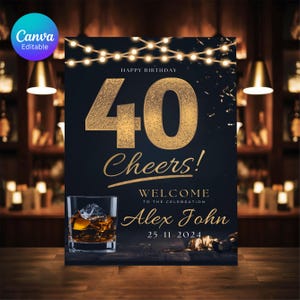 Fête des 40 ans pour homme, plaque de bienvenue modifiable de whisky, affiche imprimable de plaque d&#39;entrée, modèle Canva à 40 ans, téléchargement immédiat