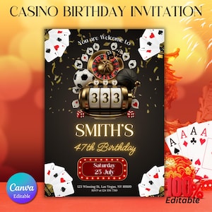 Casino Birthday Invitation, Editable Casino Theme Birthday Invitation, Casino Poker Engagement Birthday Party Invitation, Canva Template