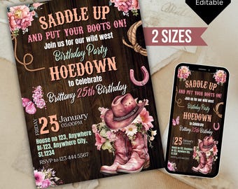 Convite para festa de aniversário Western Hoedown, prepare-se e calce as botas, convite de aniversário de cowboy para imprimir, modelo editável do Canva