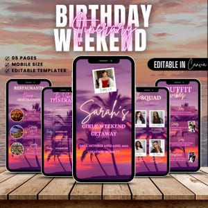 Digital Birthday Weekend Invitation Editable Birthday Weekend Itinerary Animated Travel Itinerary Girls Trip Vacation Schedule Edit in Canva