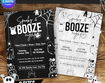 Modello di invito per la festa di Halloween "Boos and Booze", invito per compleanno di Halloween, invito per compleanno di fantasmi, modello per cocktail in costume e fantasma