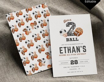 Editable Born 2 Ball Invitation For Boys, 2nd Birthday Invite Template, Printable Let's Have a Ball All Star Invite, Canva Template