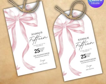 Coquette Pink Bow Favor Tags, Pink Bow 1st Birthday Gift Tags, Pink Bow Birthday Favor Tags Template, Pink Bow Thank You Tags Canva Template