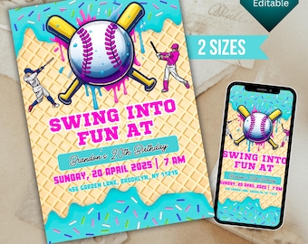 Baseball Drip Birthday Party Invitation,Canva Editable Ice Cream Drip Design,Summer Birthday Party Invite,Printable Teenager Birthday Invite