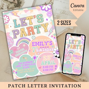 Puede incluir: Una colorida invitación con el texto "LET'S PARTY" y detalles para una fiesta de cumpleaños. El diseño incluye arcoíris, flores y una bola de discoteca. Un teléfono muestra la invitación. El texto dice "EMILY'S 7 BIRTHDAY".