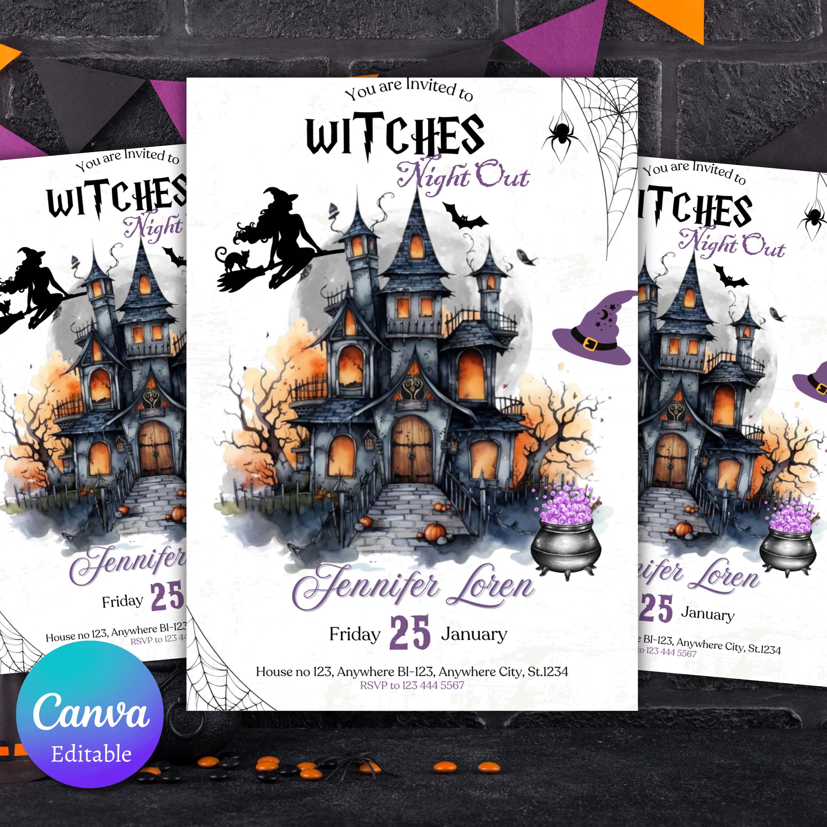 Halloween Witches Night Out Invitation, Editable Witch Birthday Invite, Witches Halloween Party, Adult Halloween Invitation, Canva Template