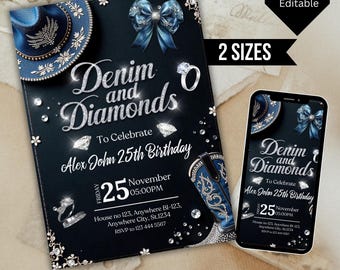 May include: A black and blue invitation with silver glitter text that reads "Denim and Diamonds" to celebrate a 25th birthday. The invitation features a blue denim cowboy hat, a blue bow, and a pair of blue denim boots with silver embellishments.