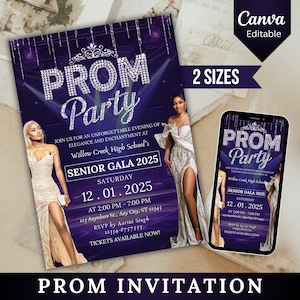 Prom Send Off-feestuitnodiging, Prom Senior paars en zilver thema-uitnodiging, prom-uitnodiging, prom-feestuitnodiging, DIY-graduatieviering