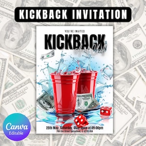 May include: A red and white invitation for a kickback party with the text "You're Invited Kickback and Chill" and a graphic of red plastic cups, water, and dice. The invitation includes the date, time, and location of the party.