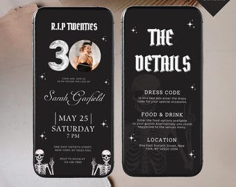 Invitación a fiesta digital RIP To My 20s, invitación de cumpleaños Death to My 20s, invitación de cumpleaños número 30, funeral por mi cumpleaños número 30 de la juventud, plantilla de Canva