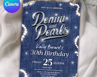 Denim and Pearls Birthday Invitation Template, Printable Pearl and Denim, Denim Birthday Party,Denim Party Invite,Pearls Invitation Template