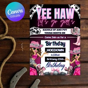 Editable Pink Disco Cowgirl Hoedown Birthday Party, Cowgirl Birthday Invitation, Cowboy Party Invitation, Western Birthday Invitation, Canva