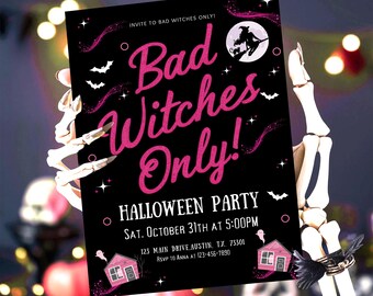 Uitnodiging voor feest alleen Halloween Bad Witches, bewerkbare uitnodiging voor Halloween-feest, uitnodiging Halloween Girls Out-feestje, canvassjabloon