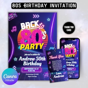 Może przedstawiać: Neonowo różowe i niebieskie zaproszenie na urodzinowe przyjęcie w stylu lat 80. z tekstem "Back to 80's Party" i "Join us to celebrate Andrew 50th Birthday". Zaproszenie zawiera datę i godzinę przyjęcia, a także lokalizację. Jest też kartka z podziękowaniami z tekstem "Thank You" i "Love, Andrew".