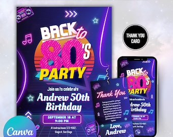 80s Birthday Invitation, Editable 80s Birthday Party Invite, 80s Theme Birthday Invitation, Back to 80s Party Invite, Canva Template
