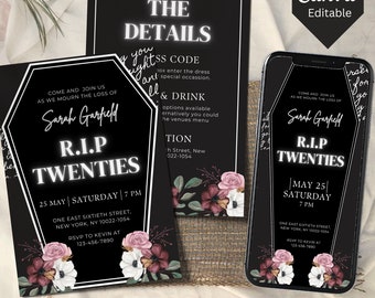 Invitación a la fiesta RIP To My 20s, invitación de cumpleaños Death to My 20s, invitación de cumpleaños número 30, funeral por mi cumpleaños número 30 de juventud, invitación de cumpleaños número 20