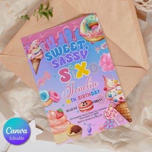 Sweet, Sassy and Six Birthday Invitation, Six Is So Sweet Birthday Invite, Candy Sweet Sassy 6th Birthday Girls Invite, Canva Template