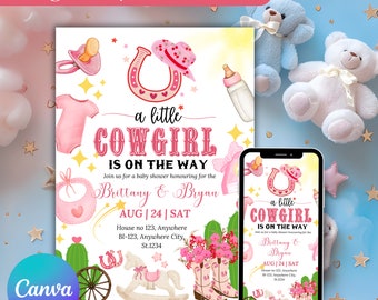 Cowgirl Baby Shower Invitation, Little Cowgirl Baby Shower Invite, Printable Western Pink Baby Shower, Canva Editable Template