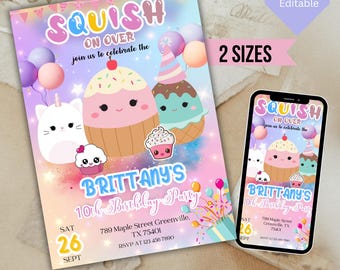 Editable Squishmallow Birthday Invitation, Squishy Invitation, Squishmallow Birthday Party Invitation, Canva Template, Instant Download
