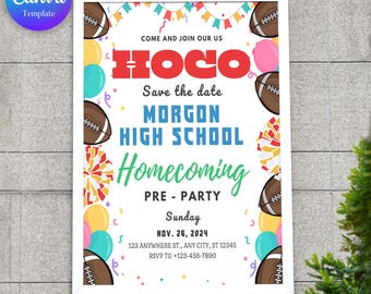 Könnte beinhalten: Ein weißer rechteckiger Flyer mit Homecoming-Thema. Der Flyer enthält den Text "HOCO", "Morgon High School" und "Homecoming". Der Flyer ist mit Footballs, Luftballons und Konfetti dekoriert.